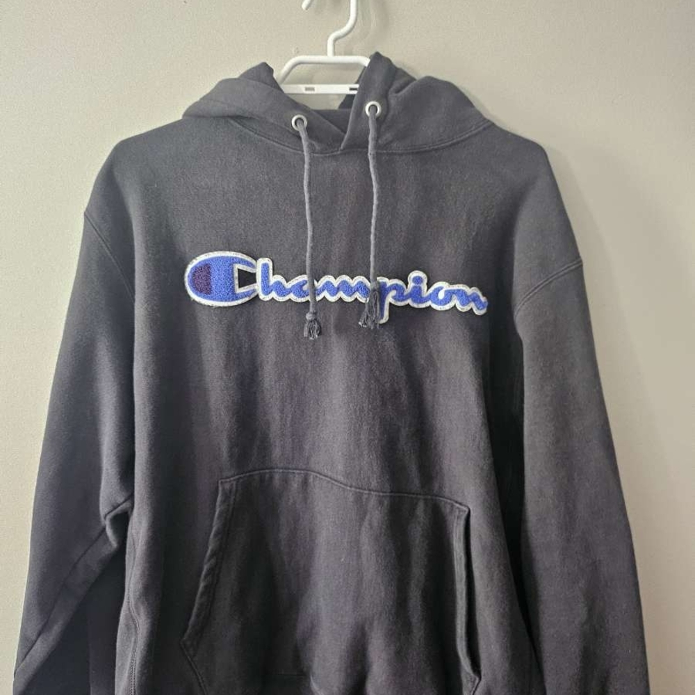 Champion Black Hoodie with Blue Logo